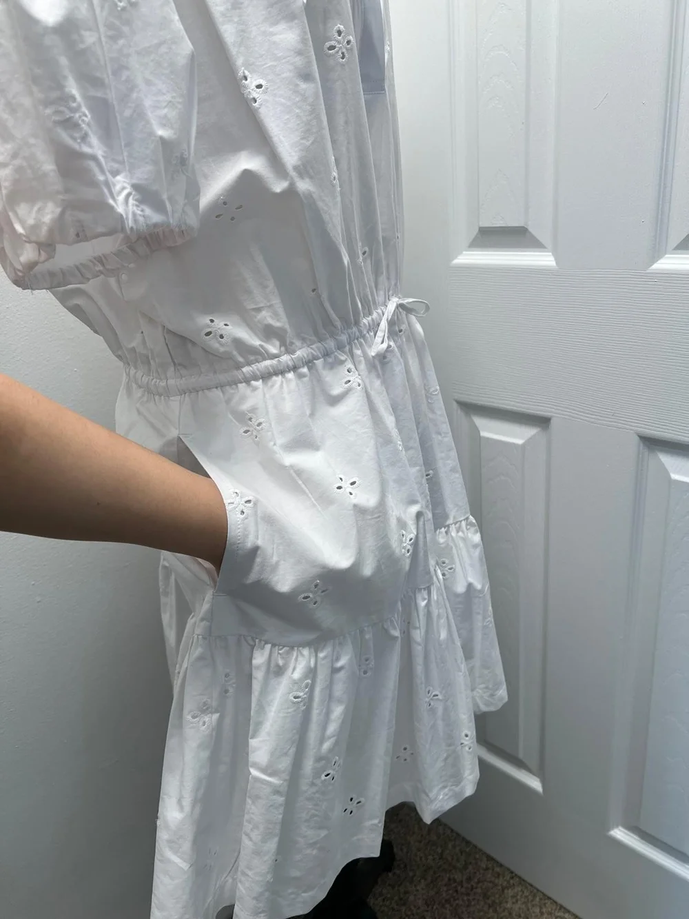 Women’s White Eyelet Tiered Mini Dress with Drawstring Waist 100% Cotton - Picture 7 of 13